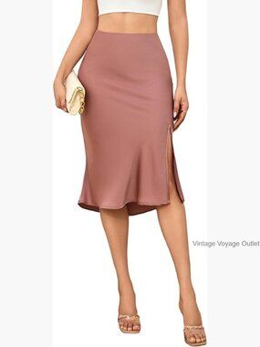High Waist Satin Midi Skirt Elastic Waist A-Line with Slit